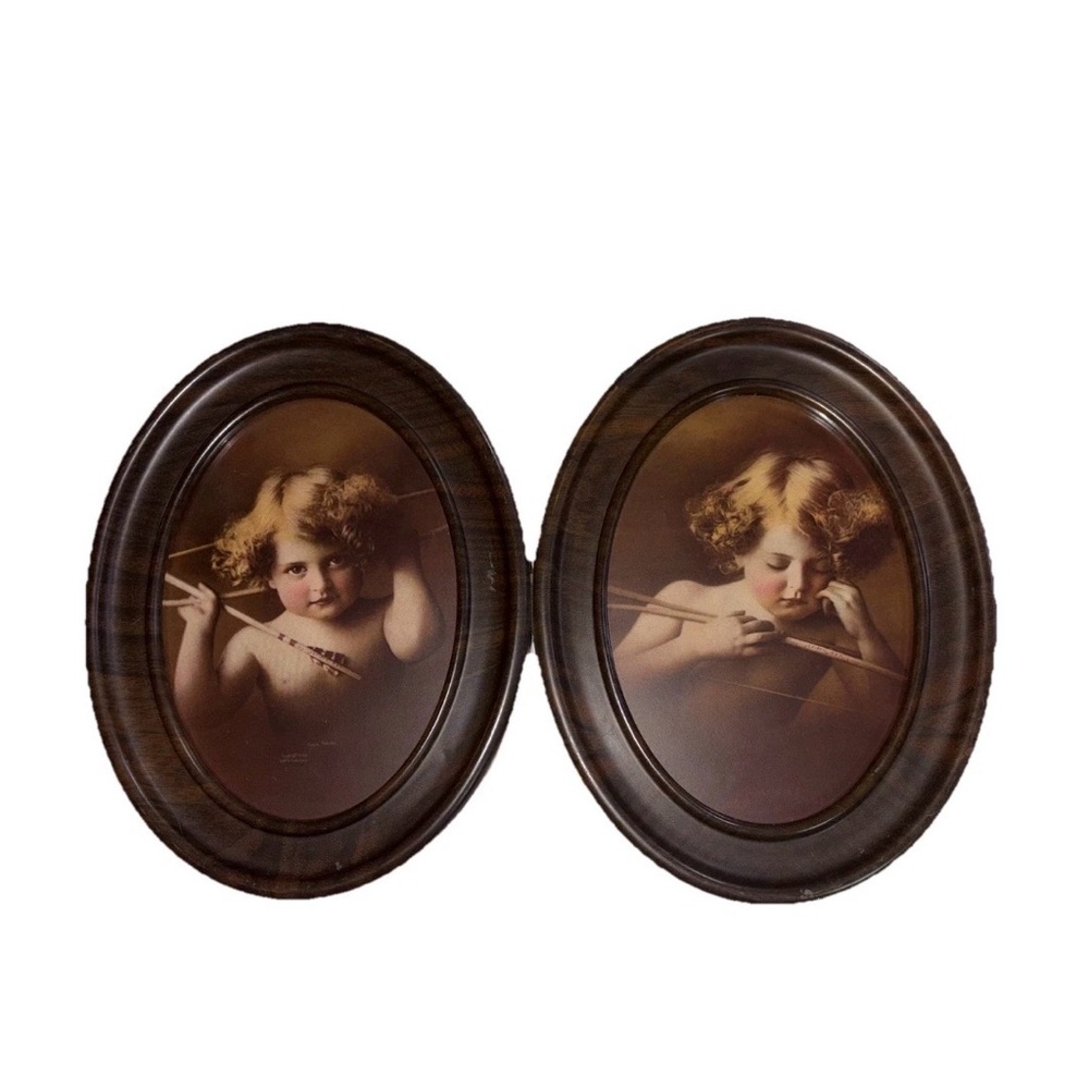 Vintage Cupid Awake & Cupid Asleep Oval Portrait Framed Print 13.5x9 Metal Frame